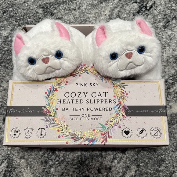 Pink Sky Shoes - Pink Sky Cozy Cat Heated Slippers Battery Powered‎ White New In Box